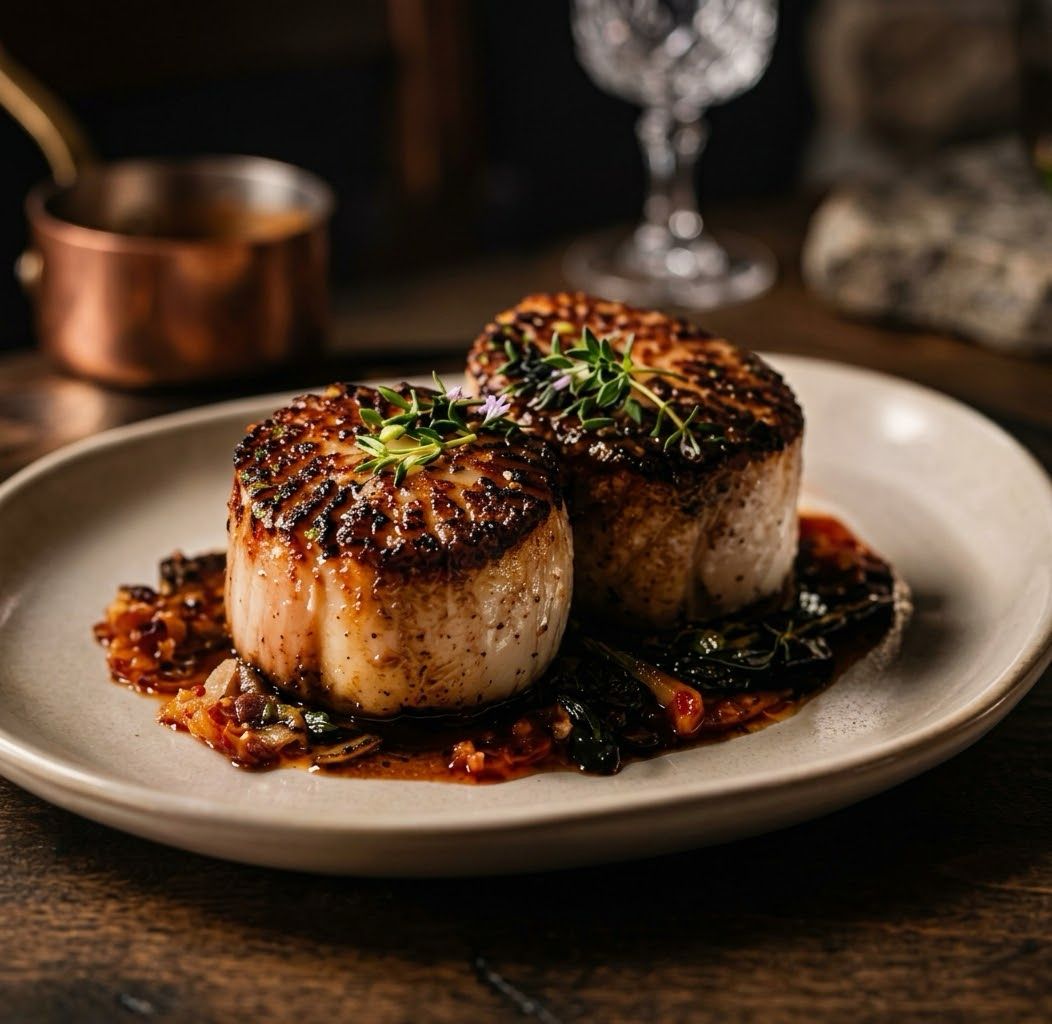 Two seared scallops with thyme on wilted greens
