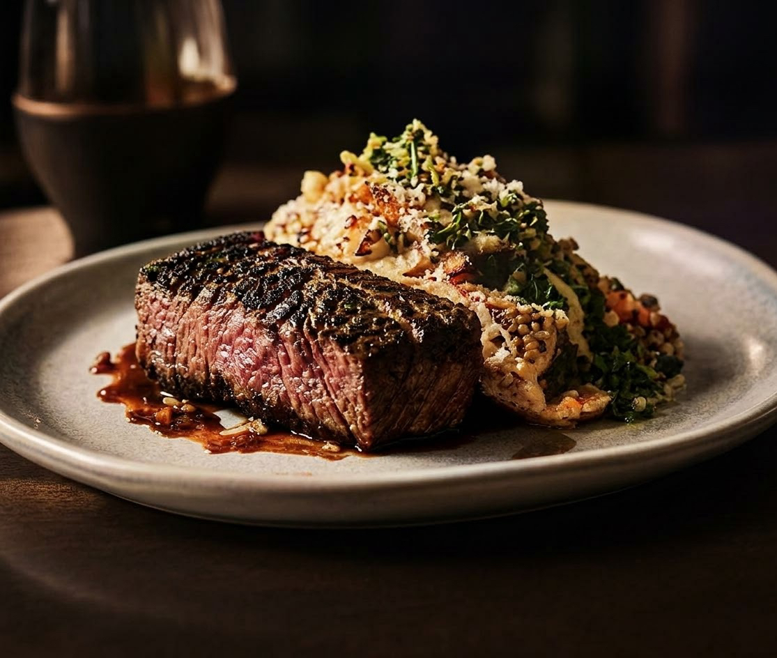 Seared steak sliced medium-rare beside a herb and grain salad