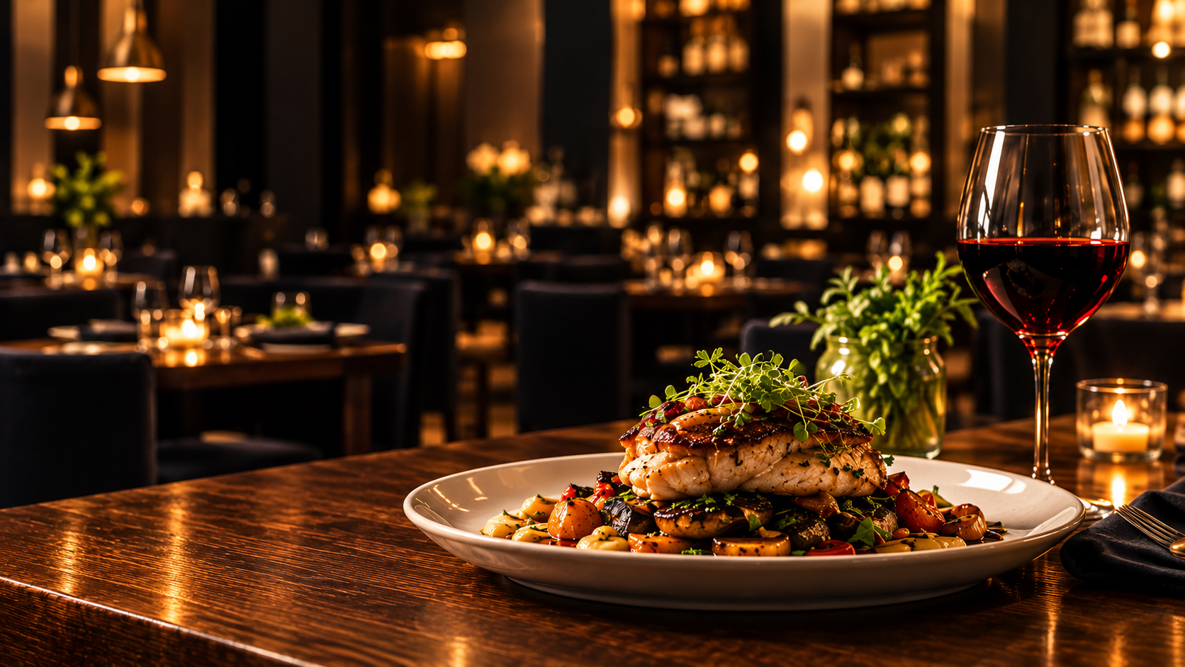 Roasted fish over vegetables with red wine in a candlelit dining room